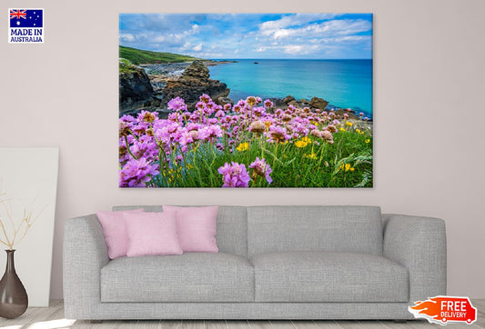 Pink Sea Thrift Flowers Sea View Print 100% Australian Made Stretched Canvas Ready to Hang - 1388