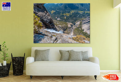 Waterfall Down Cliff Yosemite Print 100% Australian Made Stretched Canvas Ready to Hang - 1040