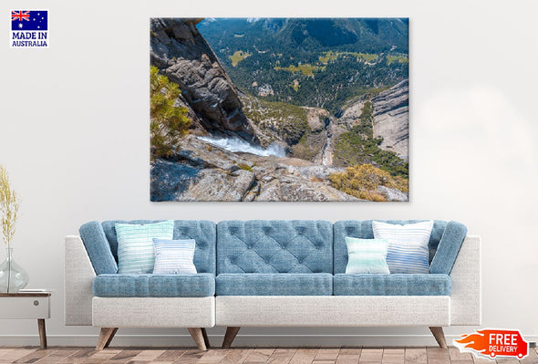 Waterfall Down Cliff Yosemite Print 100% Australian Made Stretched Canvas Ready to Hang - 1040