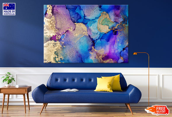 Purple Blue with Gold Abstract Design Print 100% Australian Made Stretched Canvas Ready to Hang - 1140