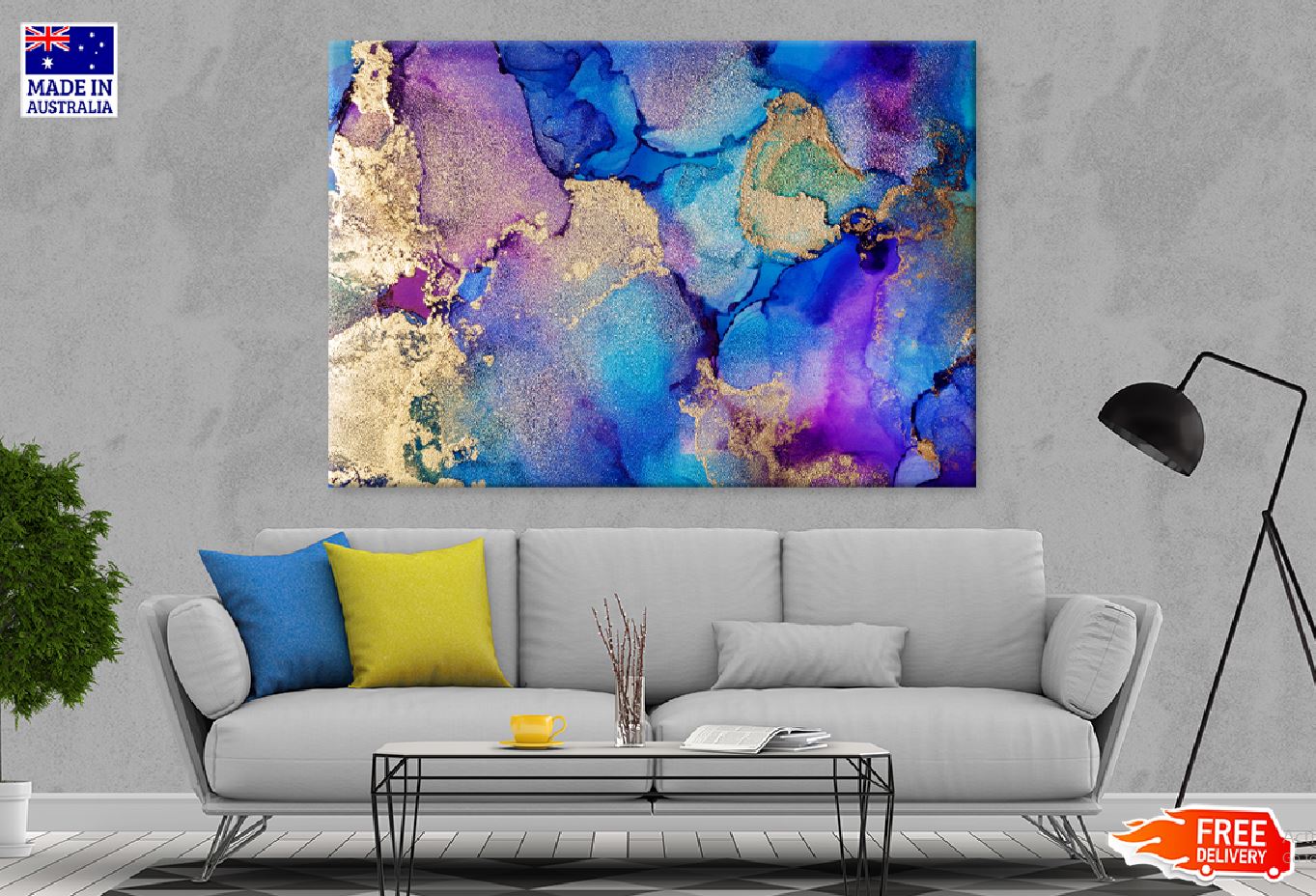 Purple Blue with Gold Abstract Design Print 100% Australian Made Stretched Canvas Ready to Hang - 1140