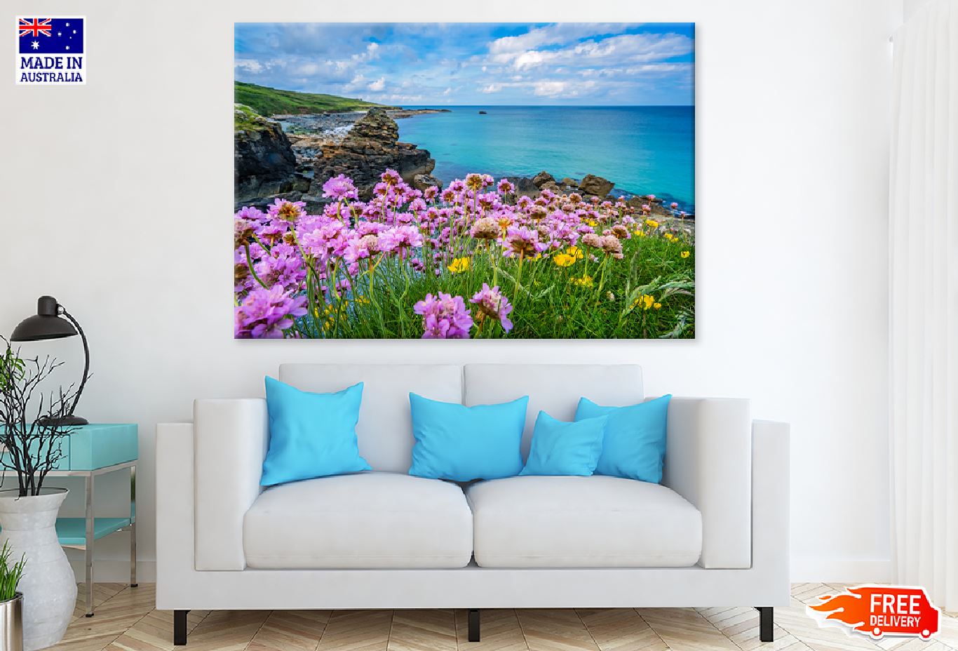 Pink Sea Thrift Flowers Sea View Print 100% Australian Made Stretched Canvas Ready to Hang - 1388