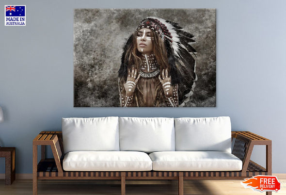 Indian Warrior Woman With Feather Headdress Photograph Print 100% Australian Made Stretched Canvas Ready to Hang - 1922