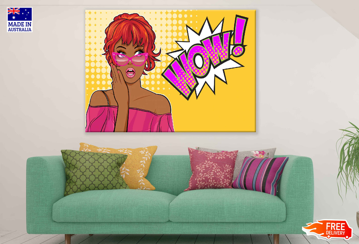 Girl with Red Hair & Sunglasses WOW Quote Vector Pop Arts & Comic Poster Print 100% Australian Made Stretched Canvas Ready to Hang - 2122