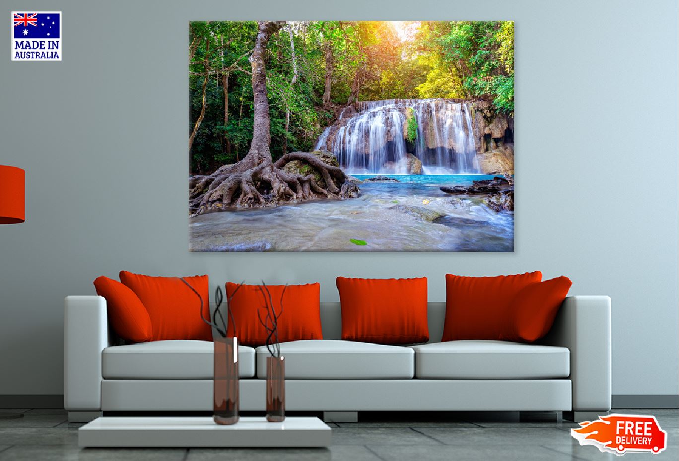 Erawan Waterfall View Thailand Print 100% Australian Made Stretched Canvas Ready to Hang - 1041