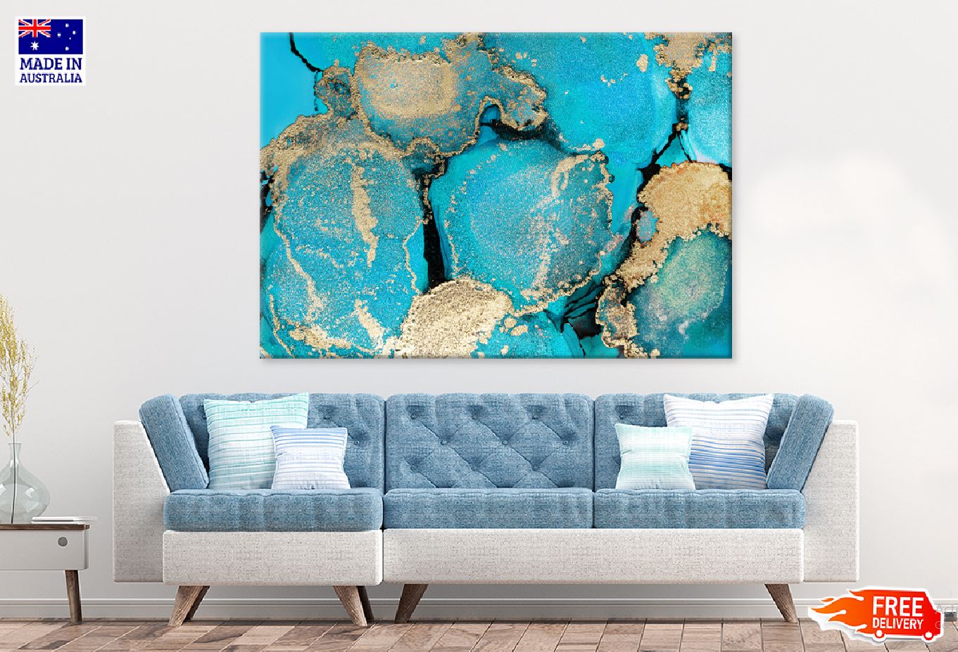 Blue & Gold Ink Abstract Design Print 100% Australian Made Stretched Canvas Ready to Hang - 1141