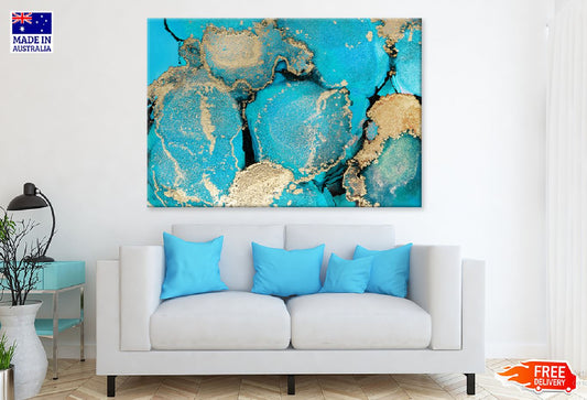 Blue & Gold Ink Abstract Design Print 100% Australian Made Stretched Canvas Ready to Hang - 1141