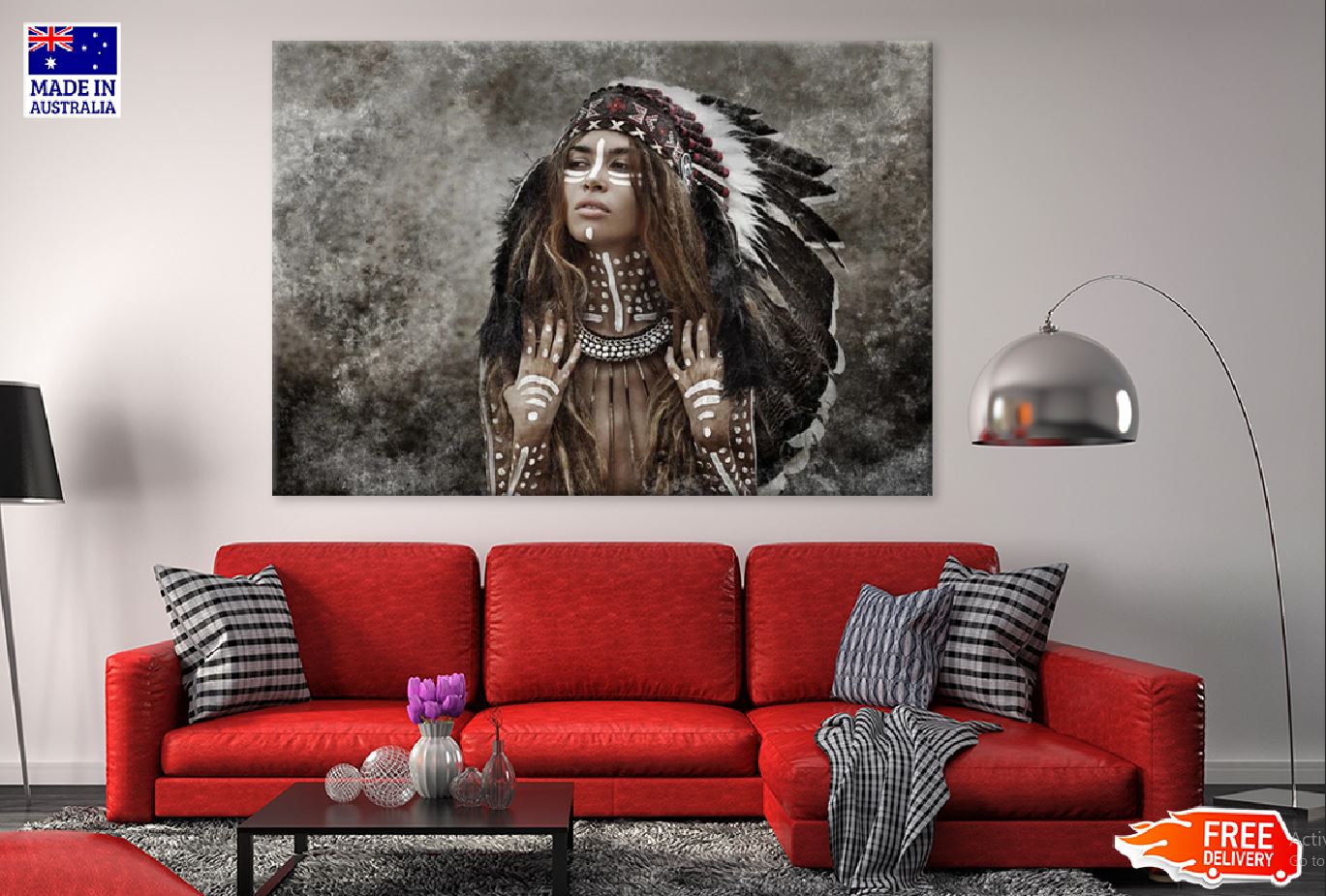 Indian Warrior Woman With Feather Headdress Photograph Print 100% Australian Made Stretched Canvas Ready to Hang - 1922