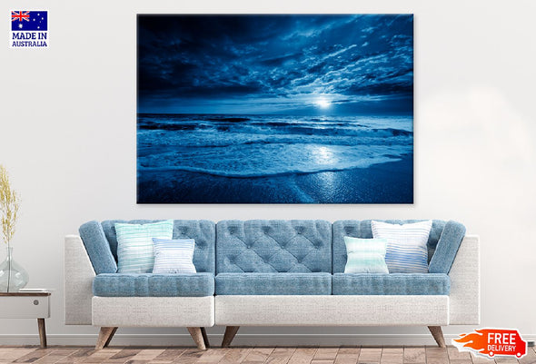 Blue Ocean Moonrise Night View Print 100% Australian Made Stretched Canvas Ready to Hang - 1353