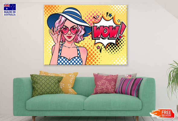 WOW Quote & Girl with Heart Shaped Sunglasses Illustration Pop Arts & Comic Poster Print 100% Australian Made Stretched Canvas Ready to Hang - 2086