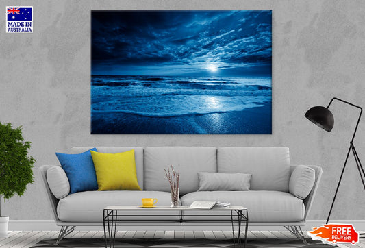 Blue Ocean Moonrise Night View Print 100% Australian Made Stretched Canvas Ready to Hang - 1353