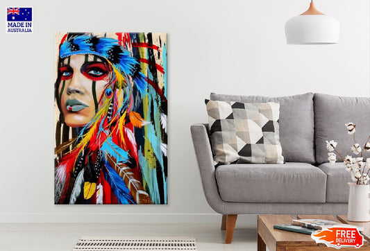 American Indian Girl With Bag & Feather Headdress Photograph Print 100% Australian Made Stretched Canvas Ready to Hang - 1959