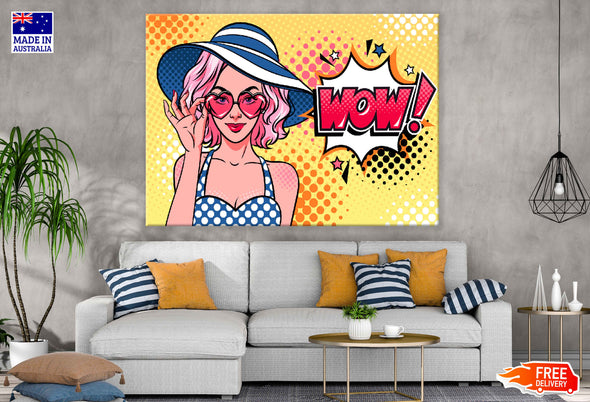 WOW Quote & Girl with Heart Shaped Sunglasses Illustration Pop Arts & Comic Poster Print 100% Australian Made Stretched Canvas Ready to Hang - 2086