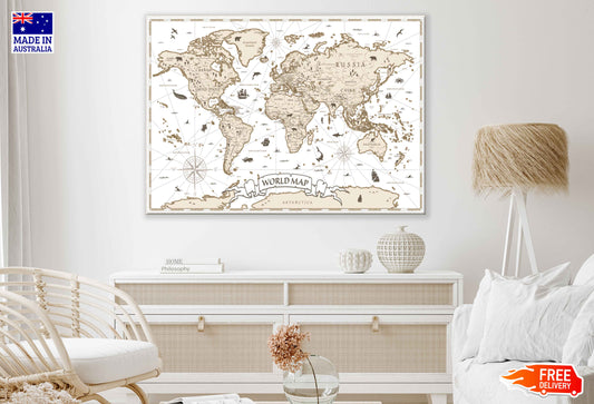 Vintage World Map Cartoon Art Print 100% Australian Made Stretched Canvas Ready to Hang - 2285