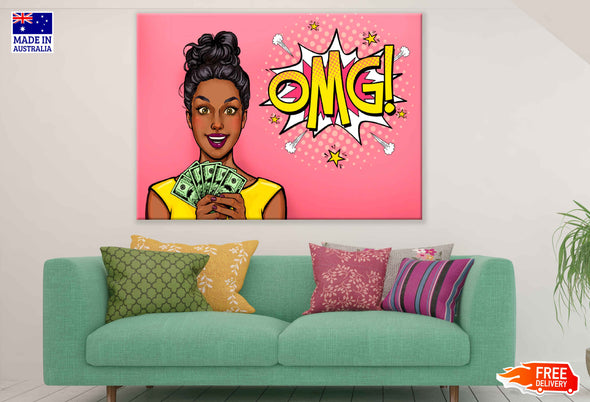 OMG Quote & African Girl with Money Illustration Pop Arts & Comic Poster Print 100% Australian Made Stretched Canvas Ready to Hang - 2158