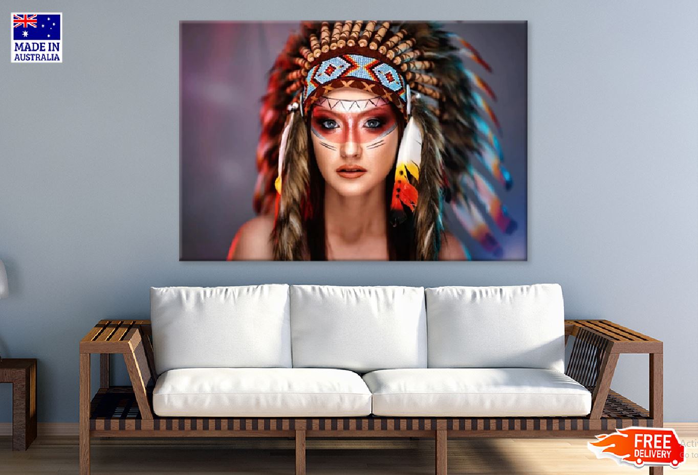 American Indian Girl in Native Costume, Headdress Made of Feathers Photograph Print 100% Australian Made Stretched Canvas Ready to Hang - 1886