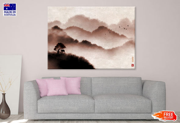 Misty Forest & Mountains Painting Print 100% Australian Made Stretched Canvas Ready to Hang - 1005