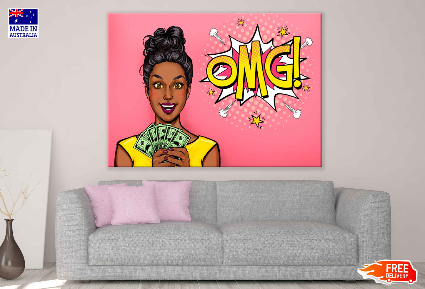 OMG Quote & African Girl with Money Illustration Pop Arts & Comic Poster Print 100% Australian Made Stretched Canvas Ready to Hang - 2158