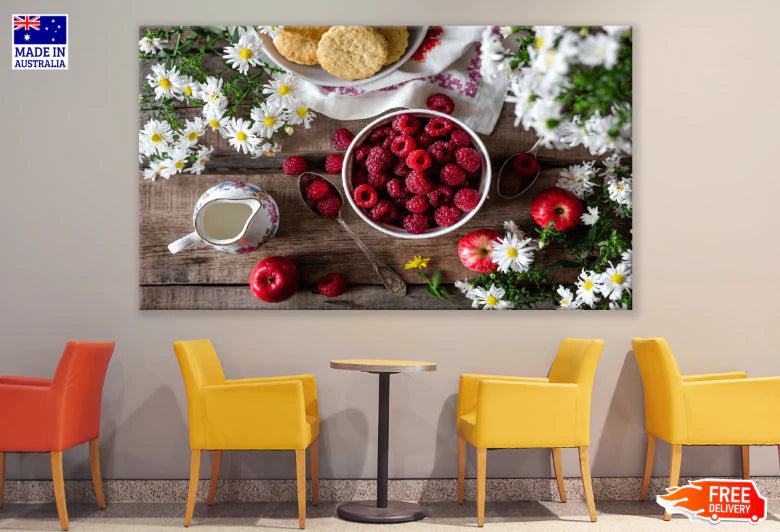 Strawberry & Apples On Table With Flowers Print 100% Australian Made Stretched Canvas Ready to Hang - 1986