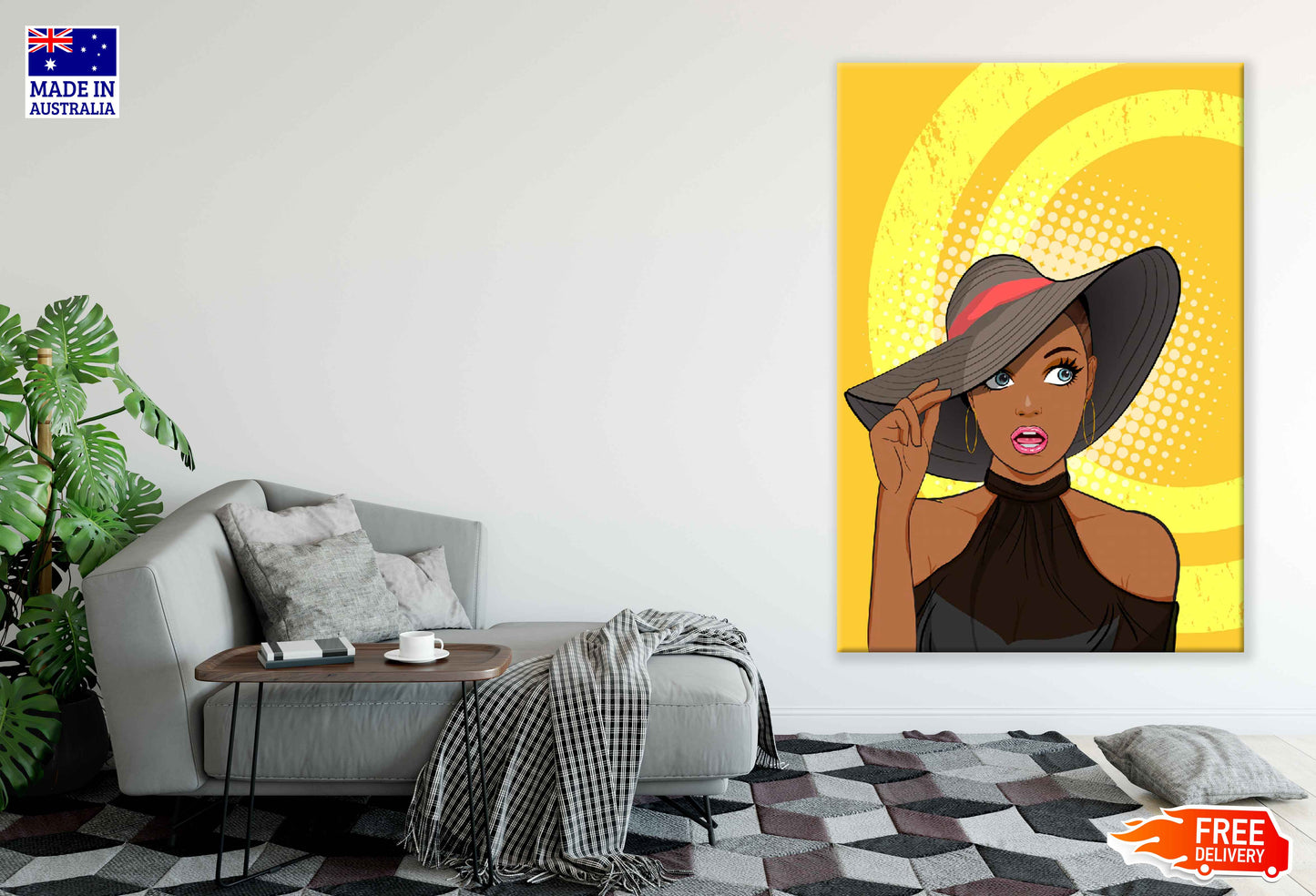 African Girl with Hat Illustration Pop Arts & Comic Poster Print 100% Australian Made Stretched Canvas Ready to Hang - 2123