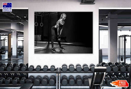 Girl Workout in Gym B&W Photograph Print 100% Australian Made Stretched Canvas Ready to Hang - 2280