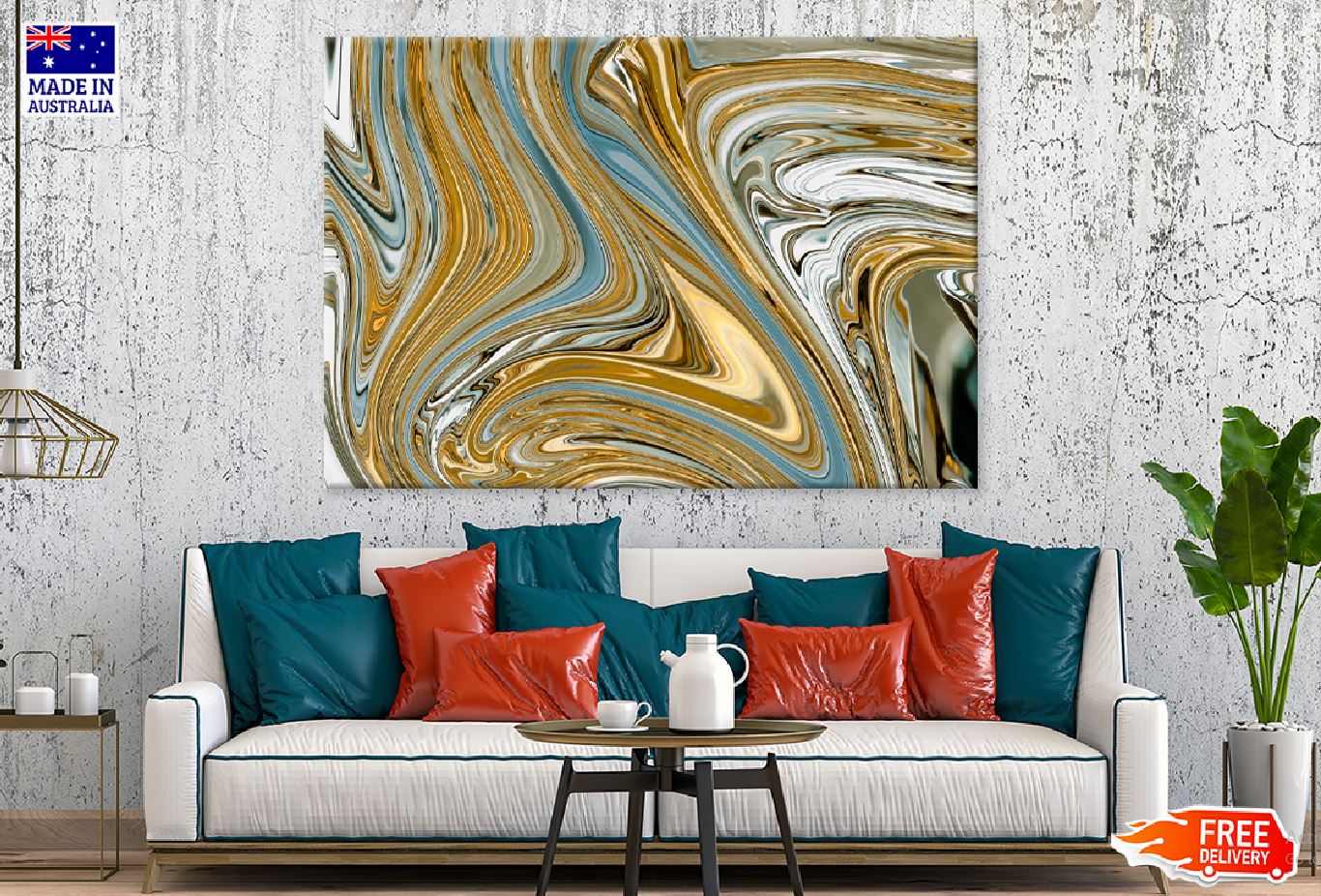 Gold Silver Blue Swirl Abstract Design Print 100% Australian Made Stretched Canvas Ready to Hang - 1142