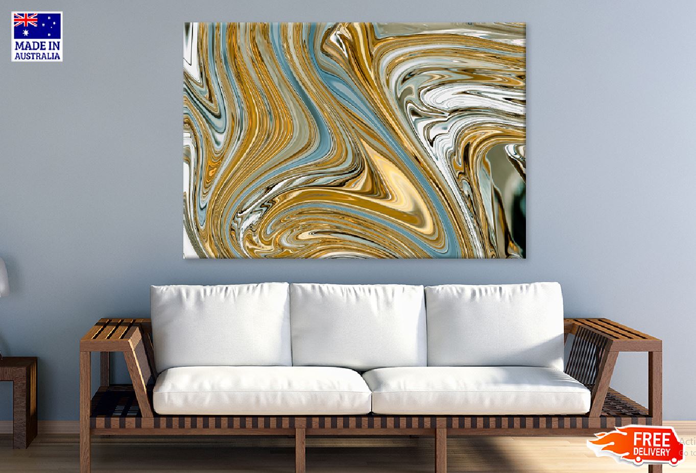 Gold Silver Blue Swirl Abstract Design Print 100% Australian Made Stretched Canvas Ready to Hang - 1142