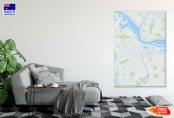 Amsterdam City Netherland Detailed Map Print 100% Australian Made Stretched Canvas Ready to Hang - 2322