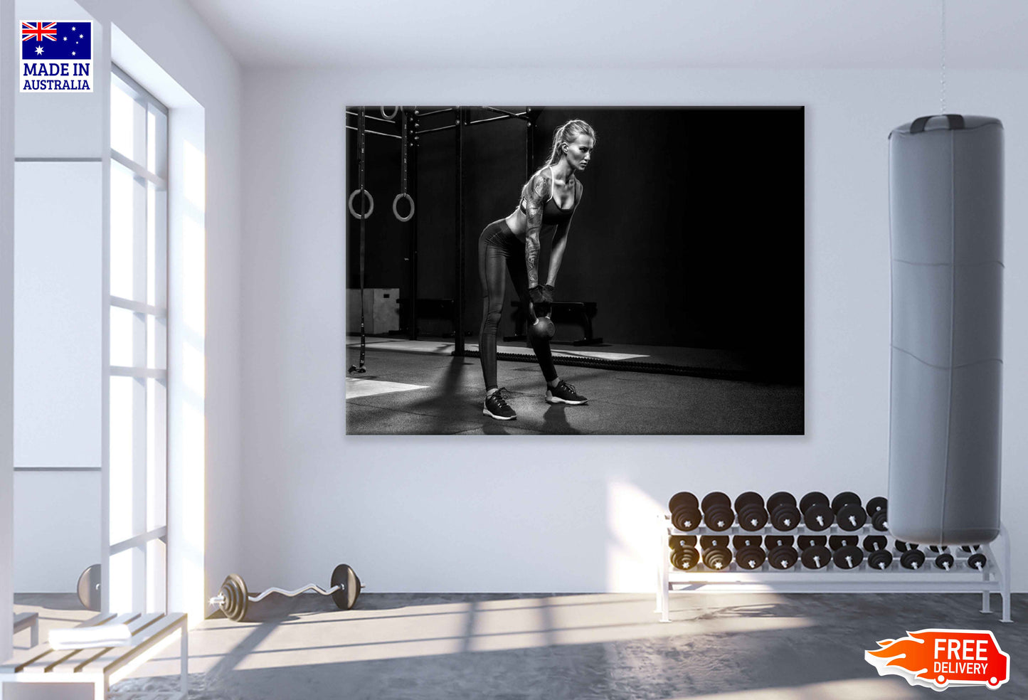 Girl Workout in Gym B&W Photograph Print 100% Australian Made Stretched Canvas Ready to Hang - 2280