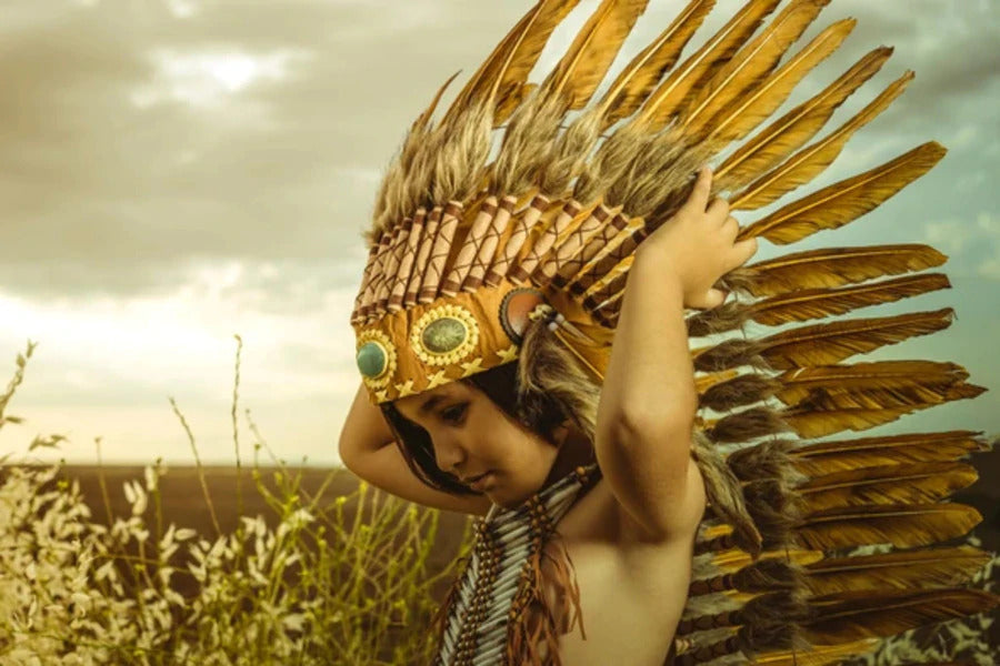 Kid with Feather Headdress Photograph Print 100% Australian Made Stretched Canvas Ready to Hang - 1924