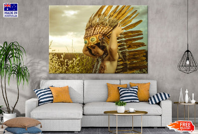 Kid with Feather Headdress Photograph Print 100% Australian Made Stretched Canvas Ready to Hang - 1924