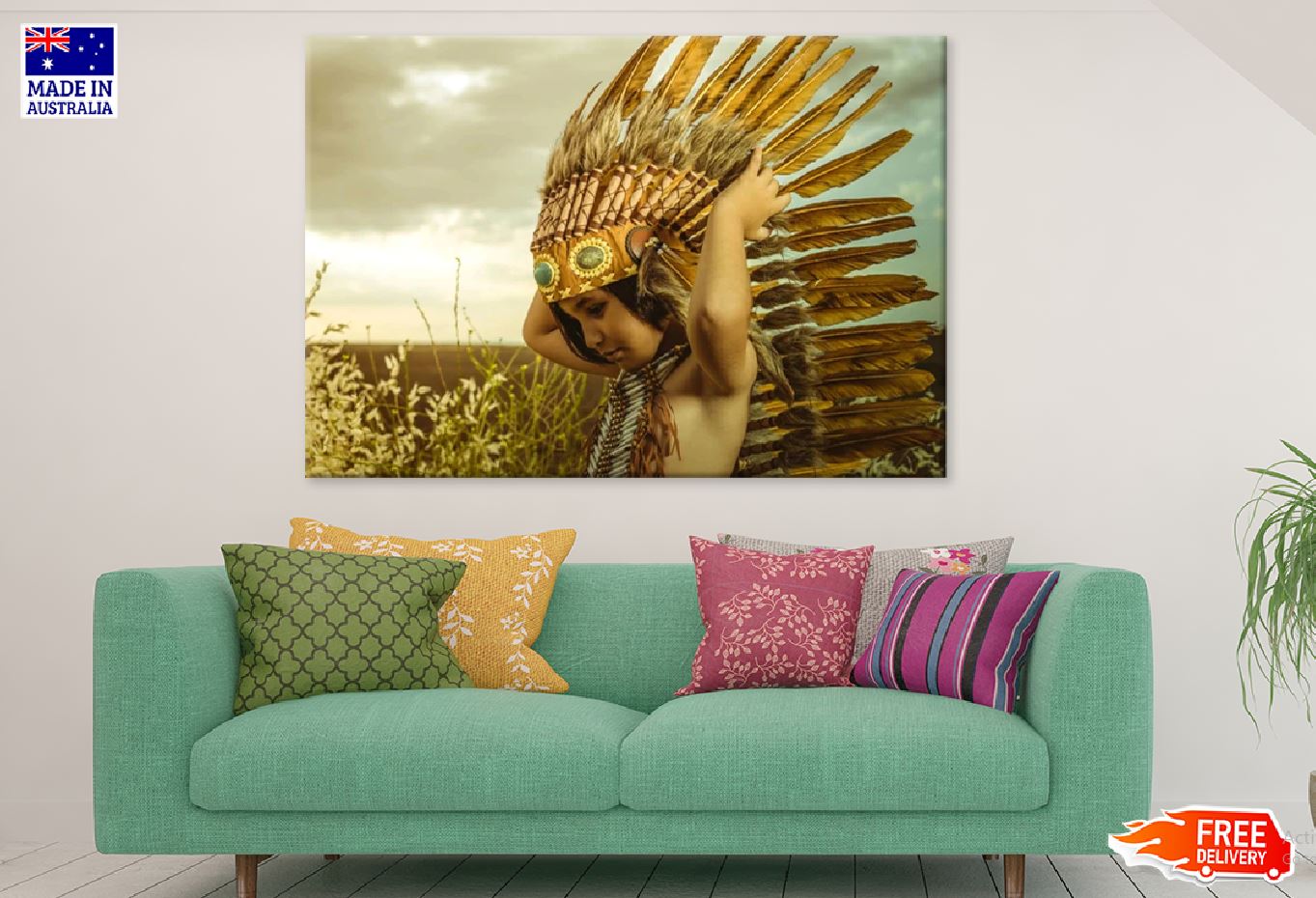 Kid with Feather Headdress Photograph Print 100% Australian Made Stretched Canvas Ready to Hang - 1924