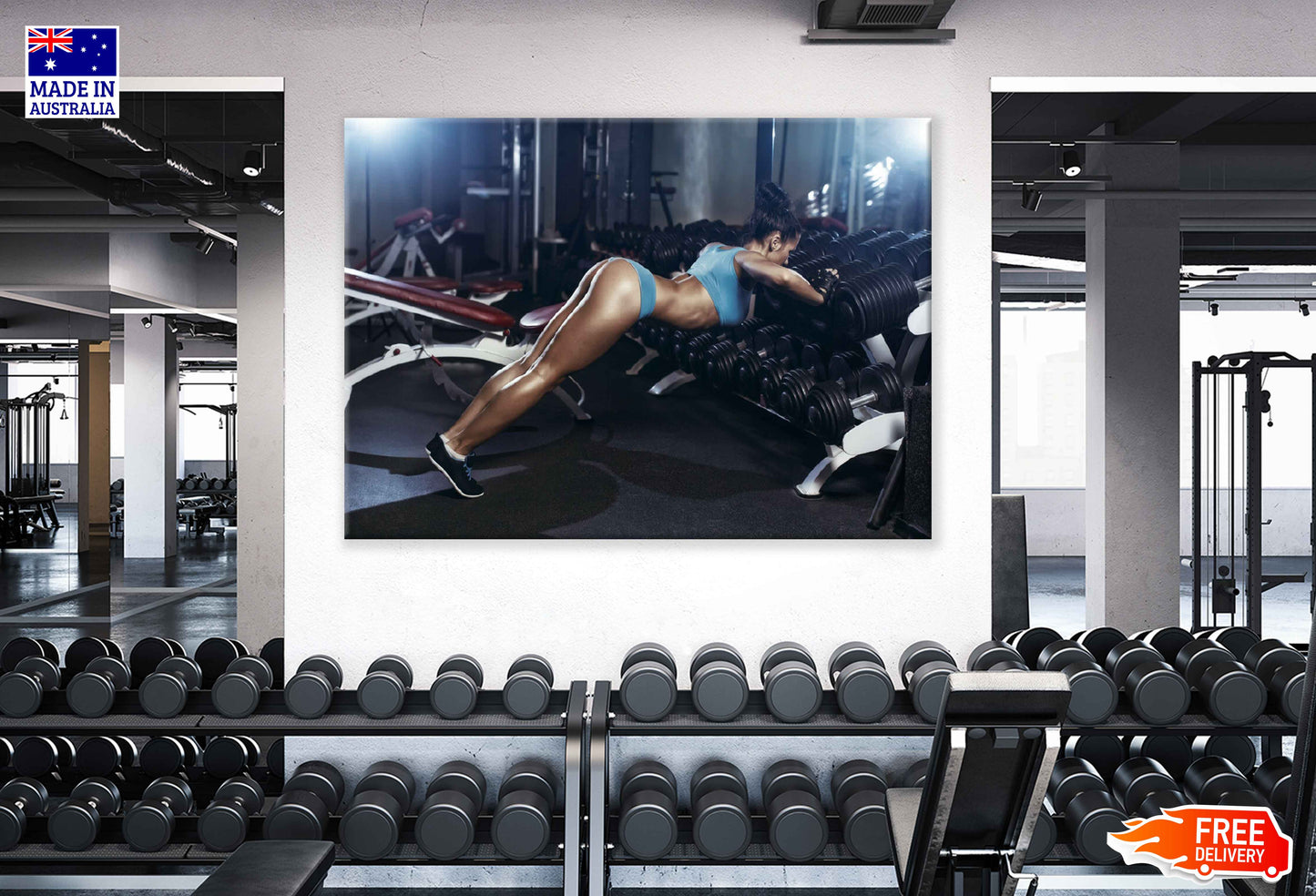 Girl & Dumbell Row in Gym Photograph Print 100% Australian Made Stretched Canvas Ready to Hang - 2281