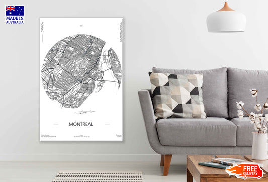 Montreal City in Canada B&W Detailed Map Print 100% Australian Made Stretched Canvas Ready to Hang - 2324