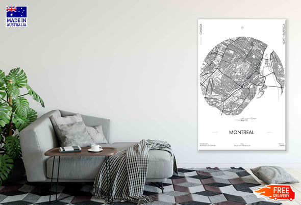 Montreal City in Canada B&W Detailed Map Print 100% Australian Made Stretched Canvas Ready to Hang - 2324