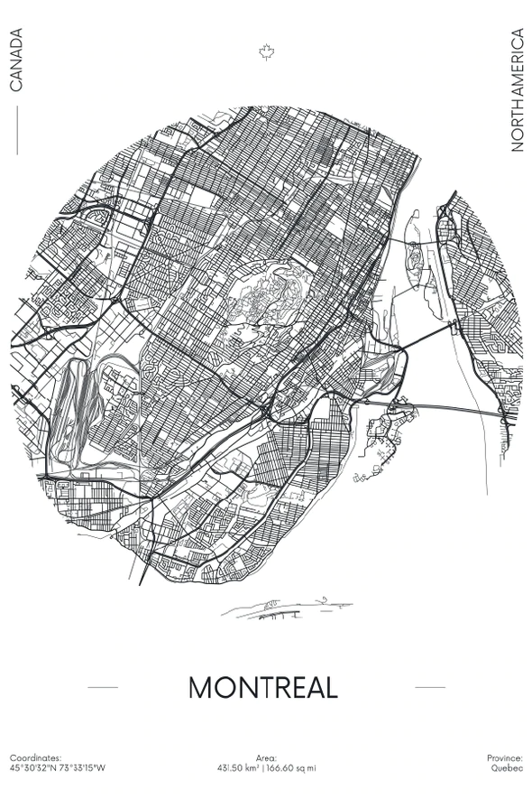 Montreal City in Canada B&W Detailed Map Print 100% Australian Made Stretched Canvas Ready to Hang - 2324