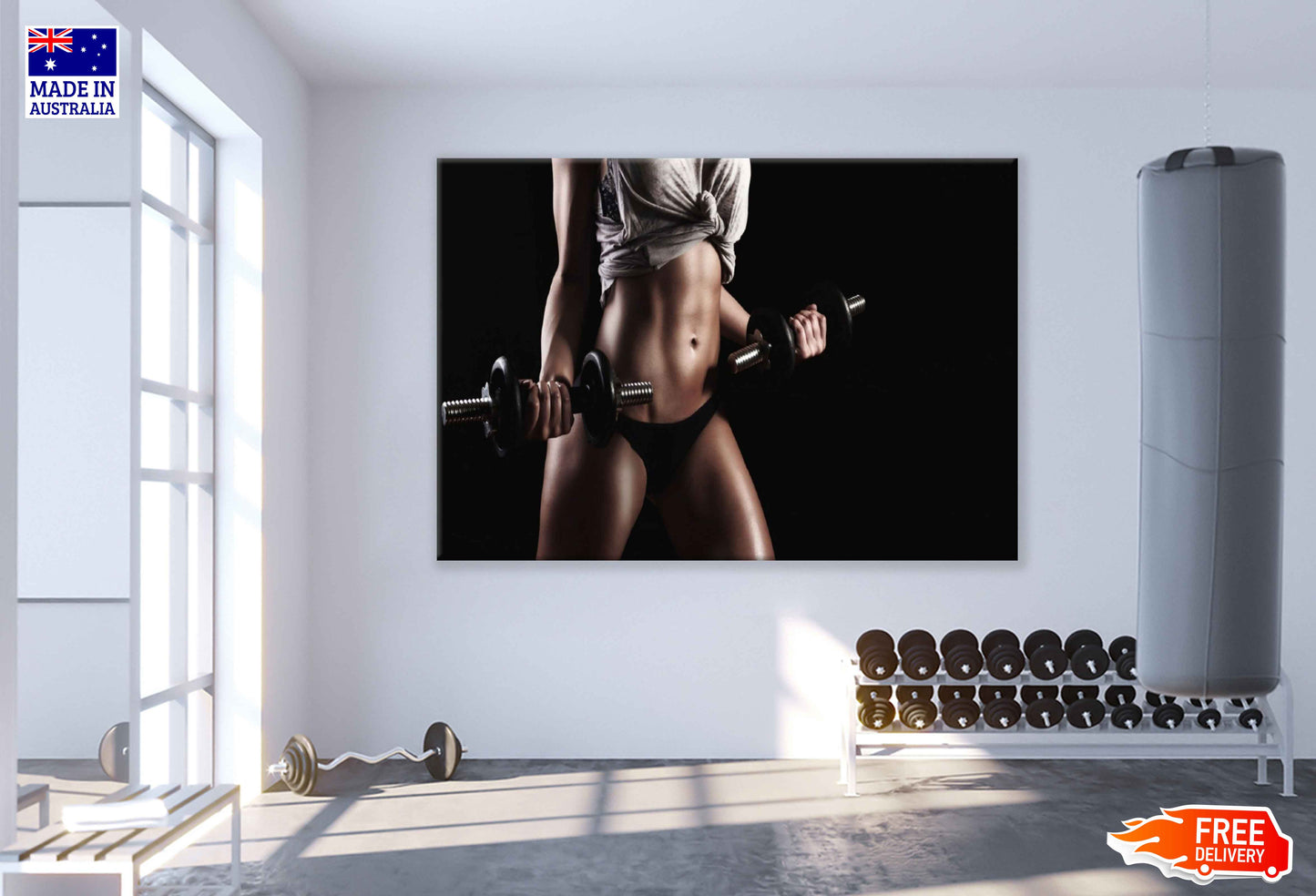 Fit Girl Lifting Dumbells Photograph Print 100% Australian Made Stretched Canvas Ready to Hang - 2225