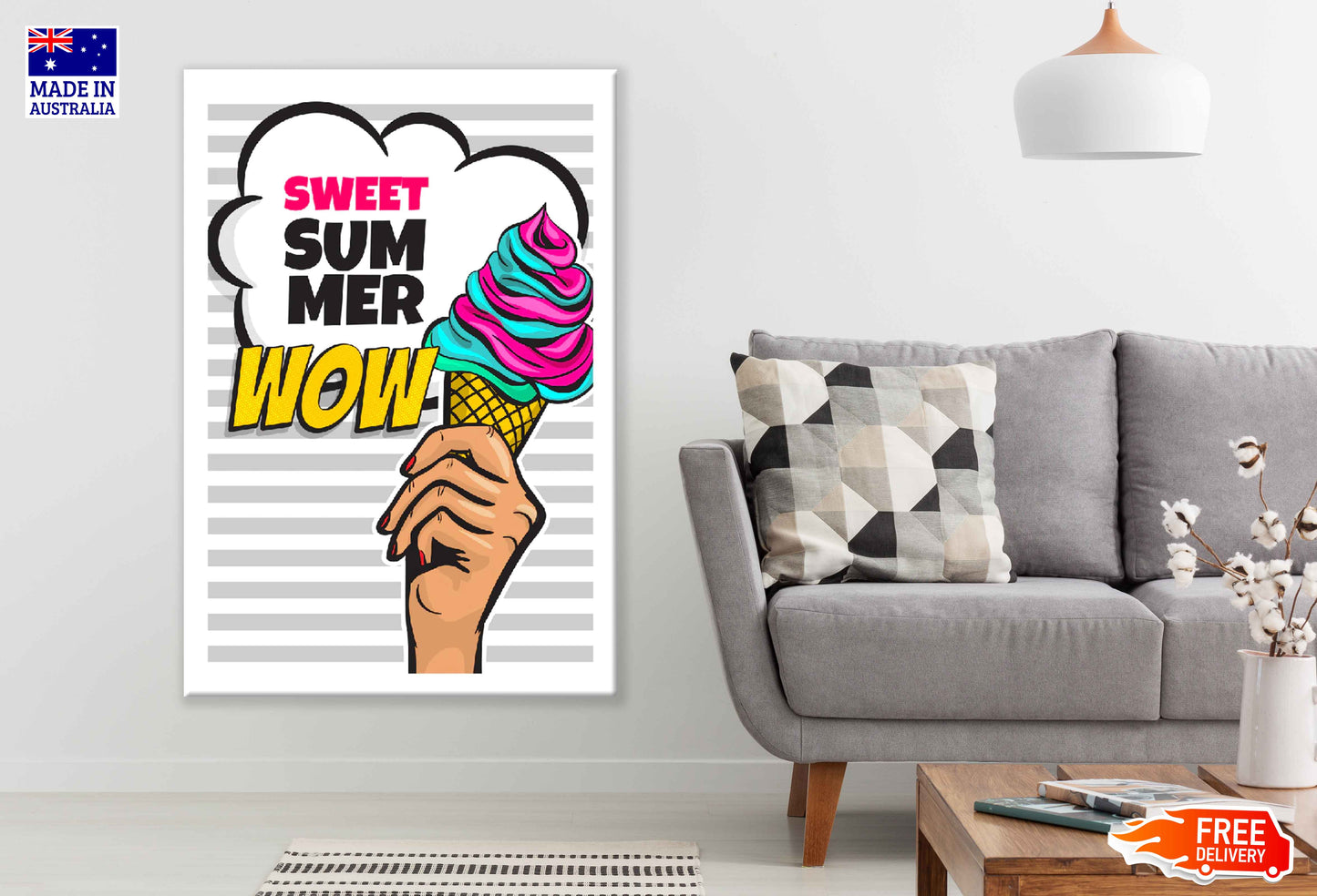 Sweet Summer WOW Quotes & Colorful Ice Cream Illustration Pop Arts & Comic Poster Print 100% Australian Made Stretched Canvas Ready to Hang - 2125