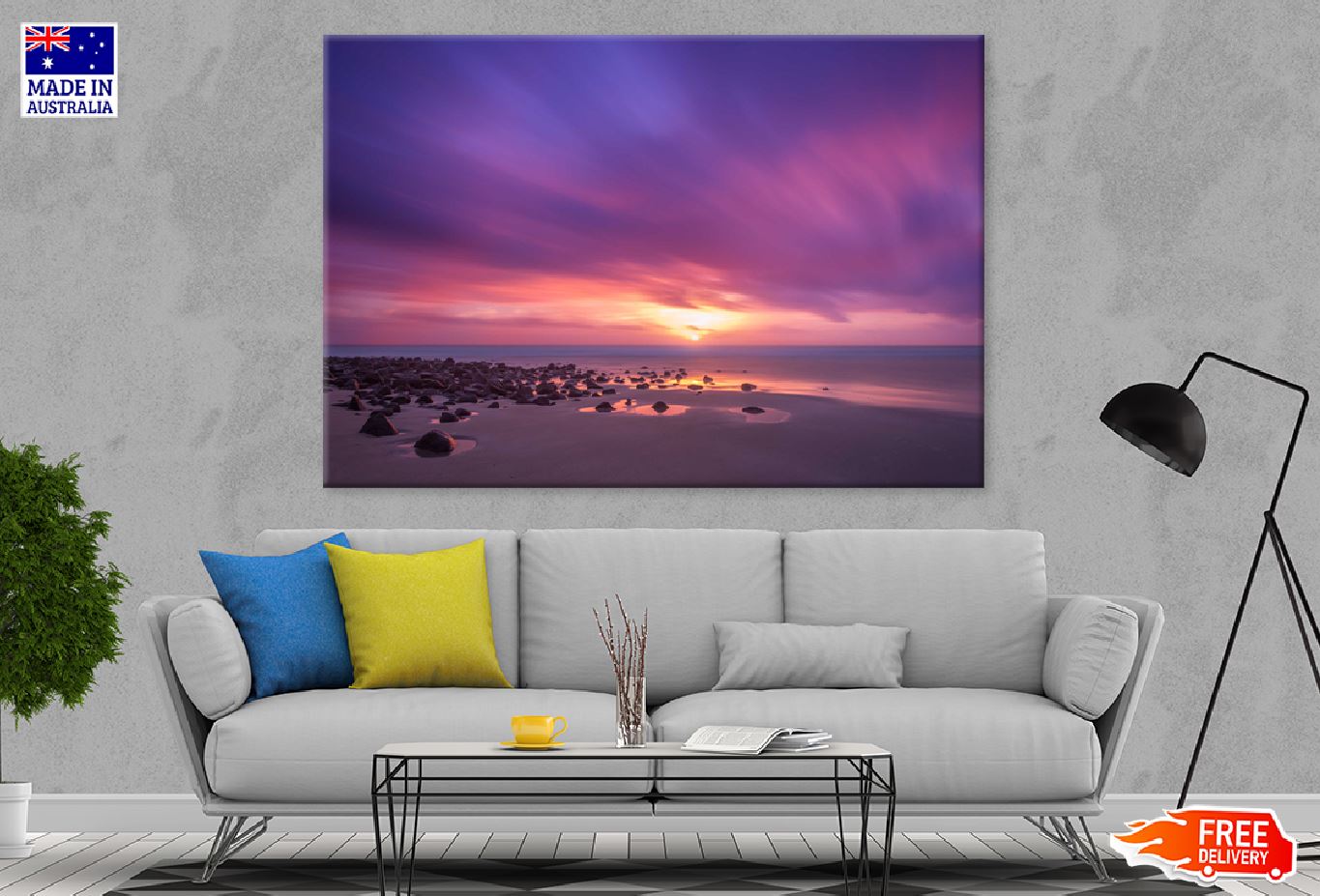 North Entrance Beach Pink Sky Print 100% Australian Made Stretched Canvas Ready to Hang - 1392