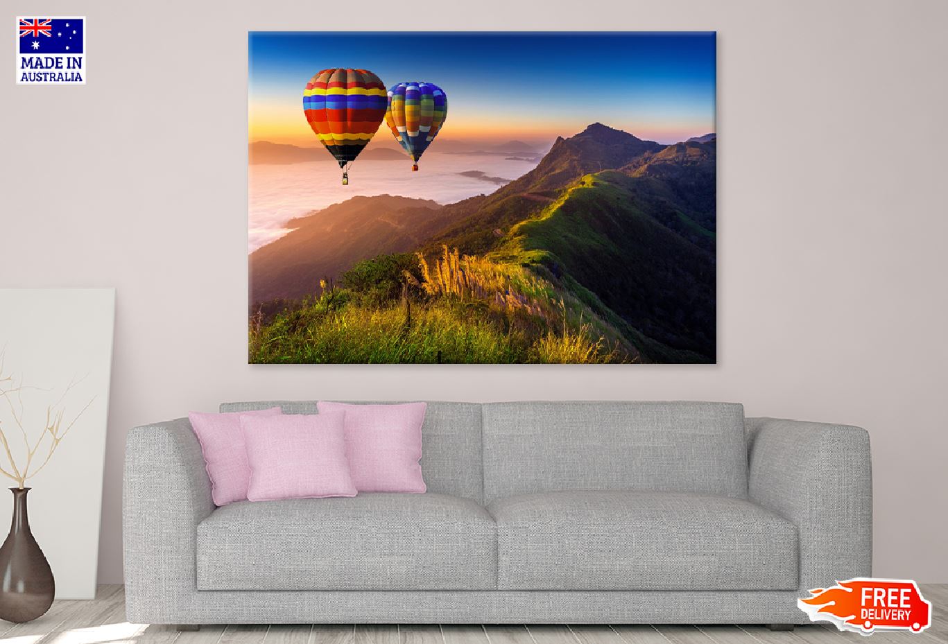 Fog Mountains & Hot Air Balloons Print 100% Australian Made Stretched Canvas Ready to Hang - 1046