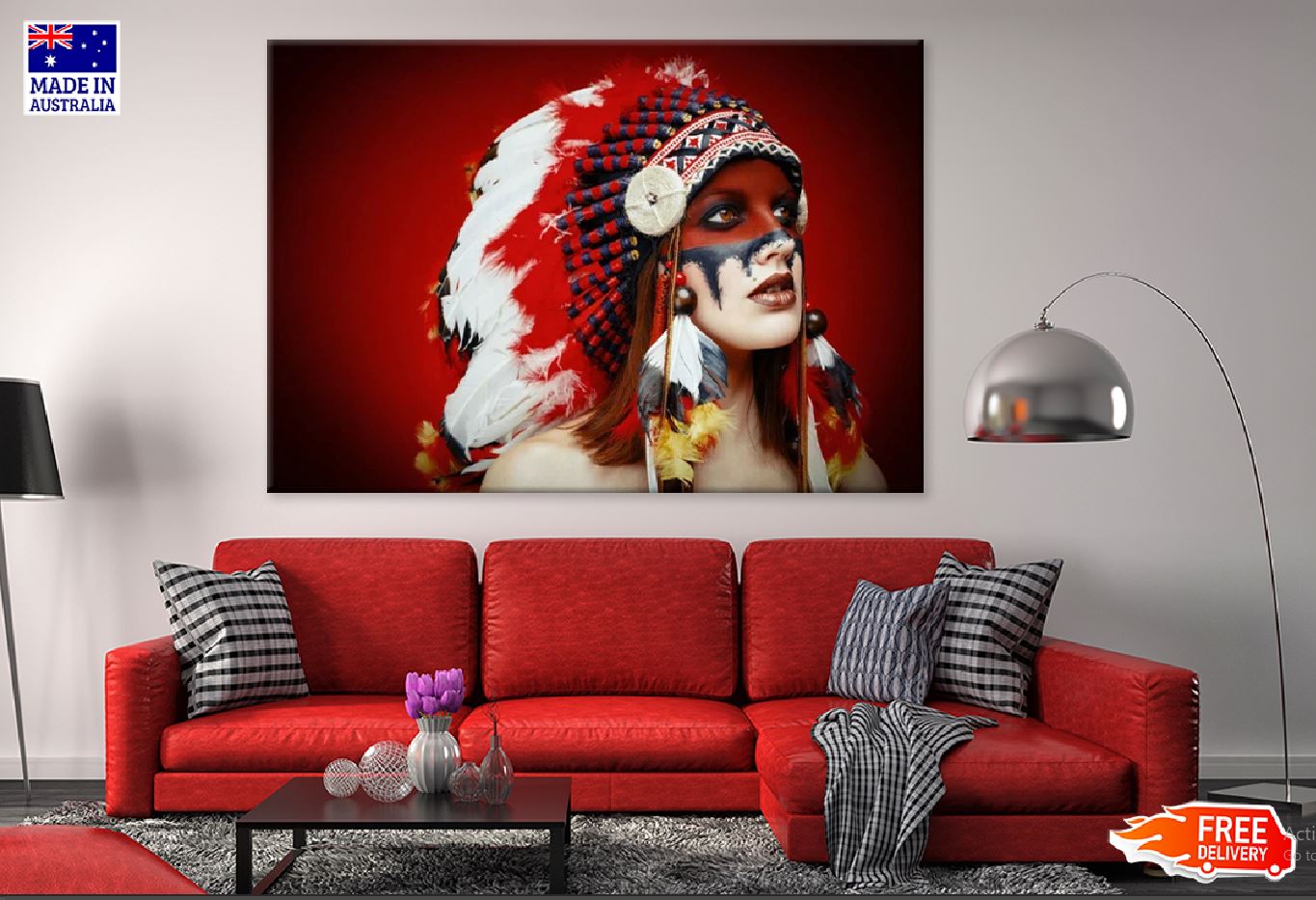 American Girl with Feather Headdress Photograph Print 100% Australian Made Stretched Canvas Ready to Hang - 1926