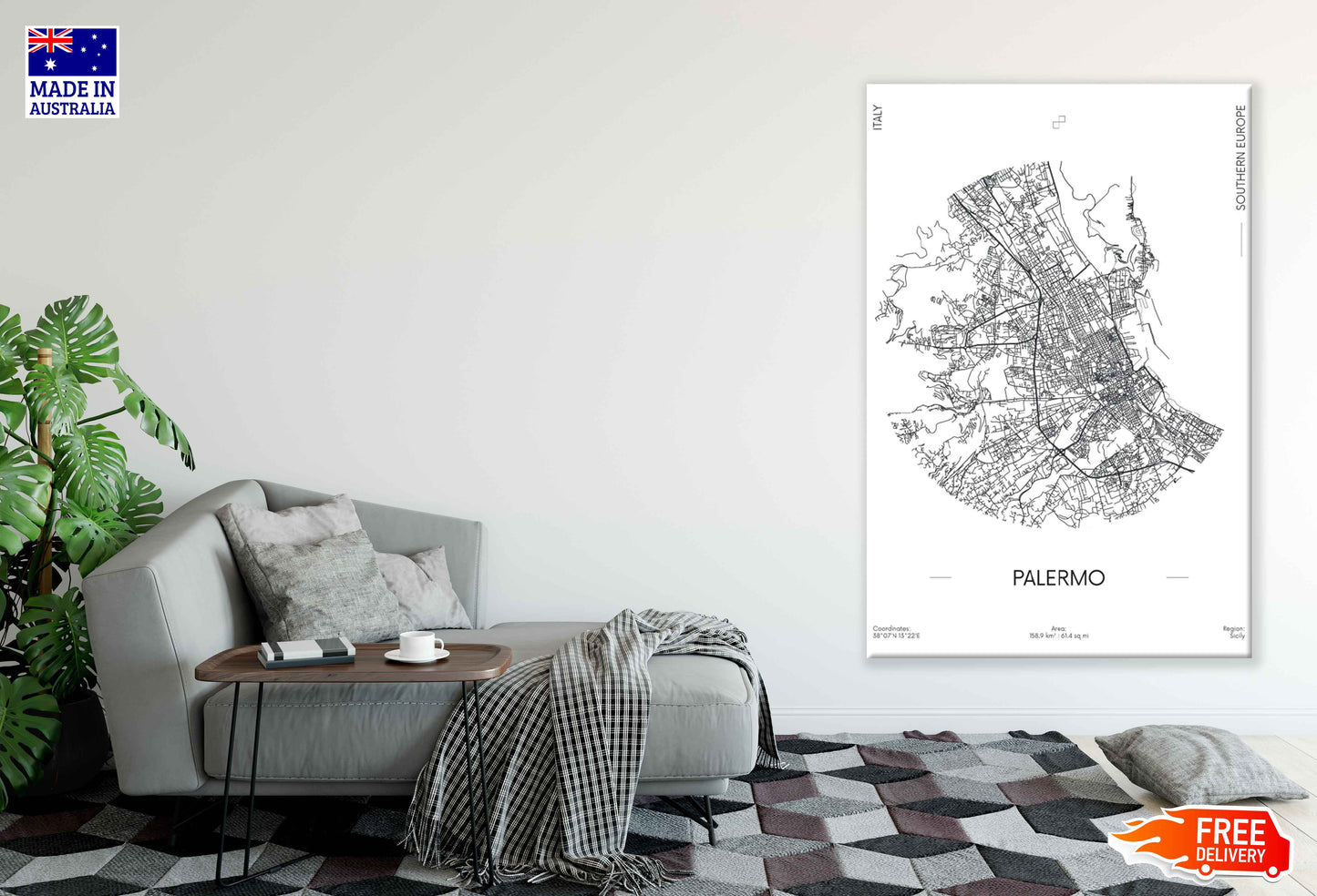 Palermo City in Italy B&W Detailed Map Print 100% Australian Made Stretched Canvas Ready to Hang - 2325