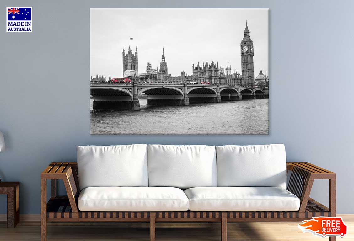 Big Ben Tower & Bridge B&W View Print 100% Australian Made Stretched Canvas Ready to Hang - 1494