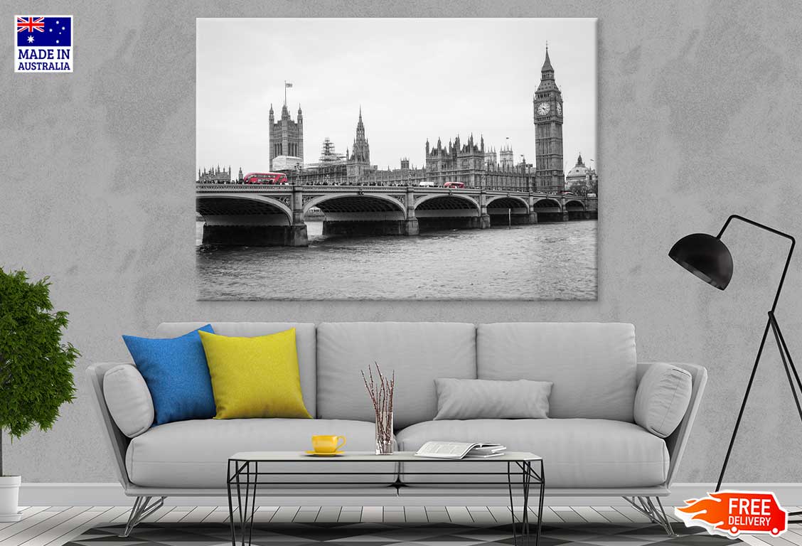 Big Ben Tower & Bridge B&W View Print 100% Australian Made Stretched Canvas Ready to Hang - 1494