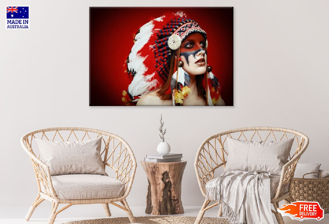 American Girl with Feather Headdress Photograph Print 100% Australian Made Stretched Canvas Ready to Hang - 1926