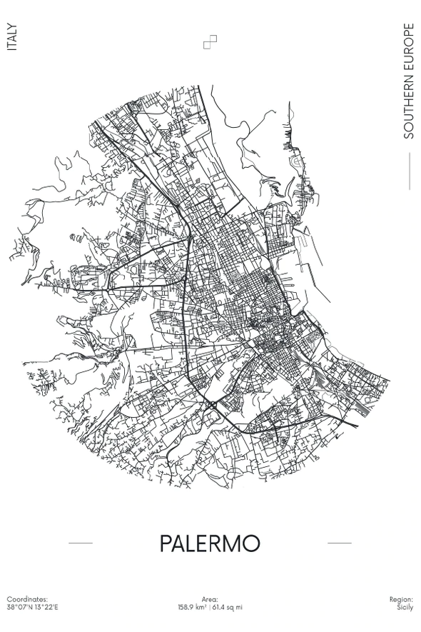 Palermo City in Italy B&W Detailed Map Print 100% Australian Made Stretched Canvas Ready to Hang - 2325