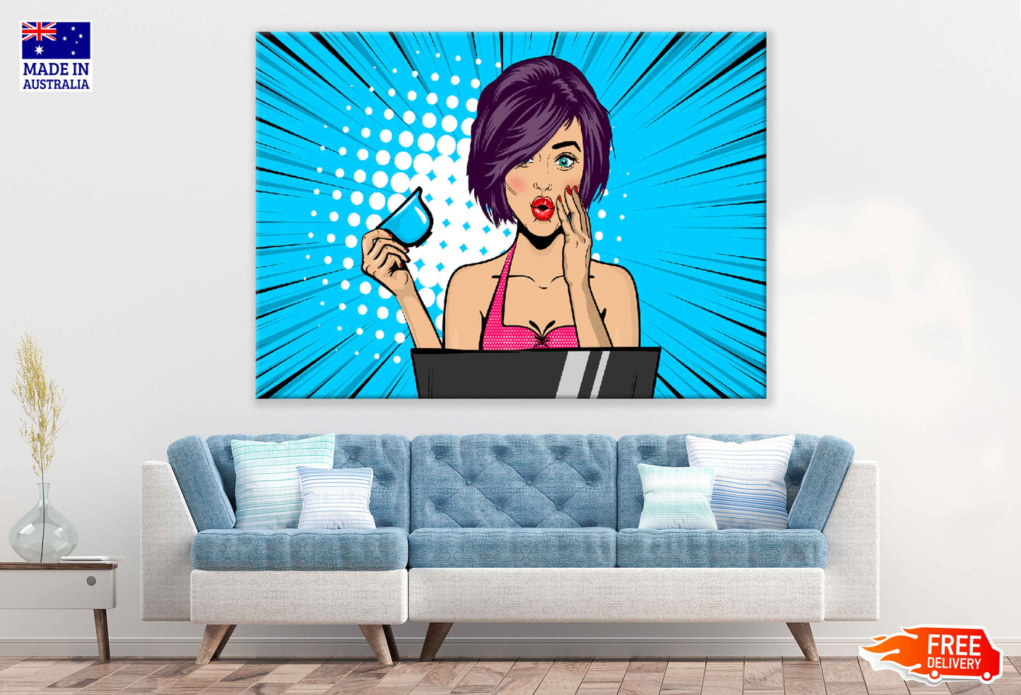 Girl with Tea Cup Illustration Pop Arts & Comic Poster Print 100% Australian Made Stretched Canvas Ready to Hang - 2126