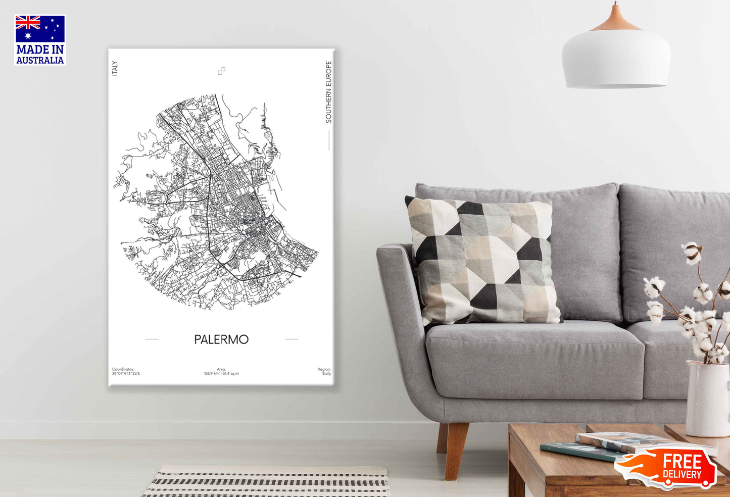 Palermo City in Italy B&W Detailed Map Print 100% Australian Made Stretched Canvas Ready to Hang - 2325