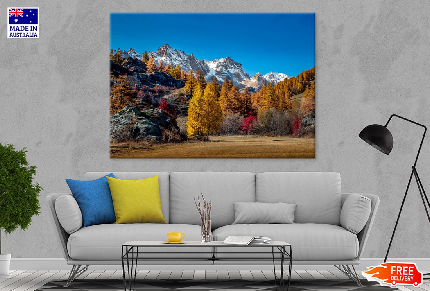 Snow Mountains & Autumn Trees Print 100% Australian Made Stretched Canvas Ready to Hang - 1045