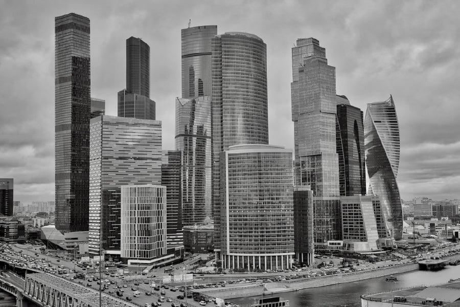 Moscow City B&W View Photograph Print 100% Australian Made Stretched Canvas Ready to Hang - 1495